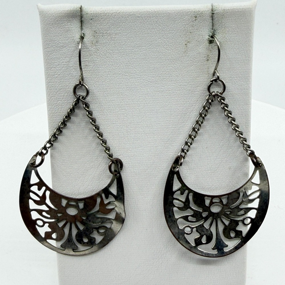 Silver Tone Filigree Floral Crescent Chain Dangle Earrings Boho Statement Y2K